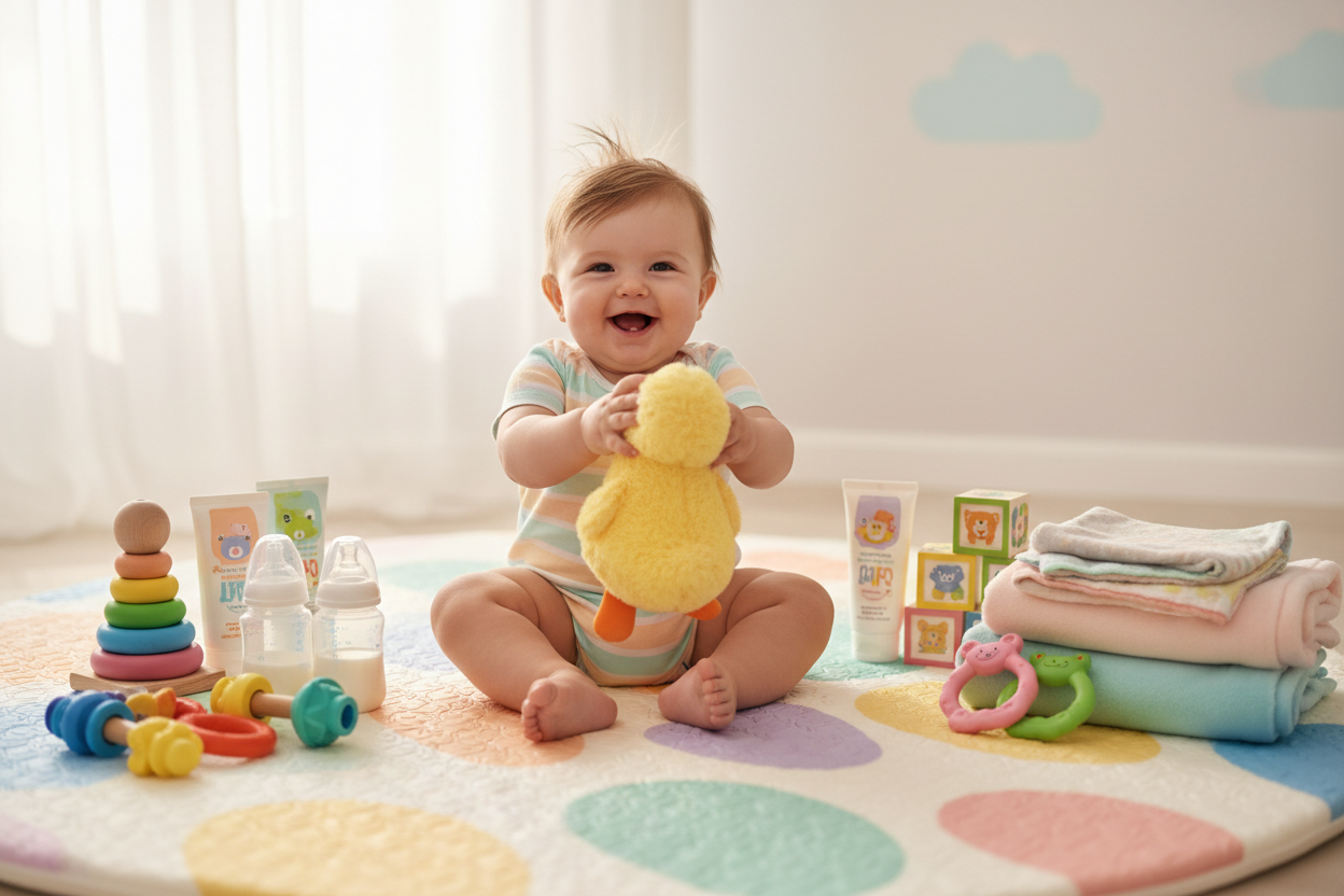 put together a picture of all our baby shop products with a cute baby playing with them , must be colourfull